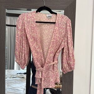 Ganni pink floral tie blouse